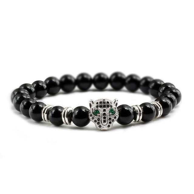 Mens Black Panther Bracelet with Green Beads